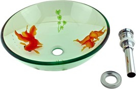 Small Round Countertop Vessel Sink 16.5 In Koi Fish Design Tempered Glass - £169.04 GBP