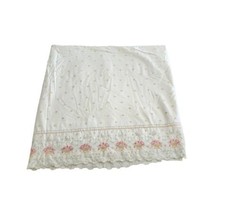 Vintage Cannon Cotton Ivory King flat sheet scalloped edge Floral embroi... - $49.49