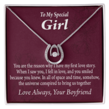 To My Girlfriend Love Story Lucky Horseshoe Necklace Message Card 14k w CZ Crys - £40.81 GBP+