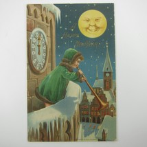 Postcard New Year Child Blows Trumpet Anthropomorphic Moon Clock Tower Antique - £15.61 GBP