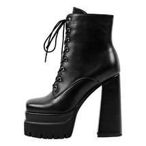 Women Platform Square Toe Ankle Boots Block Chunky High Heel Black Matte Lace Up - £130.23 GBP