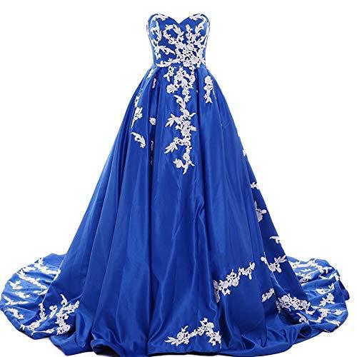 Sweetheart Ball Gown Long White Lace Corset Prom Evening Dress Royal Blue US 12