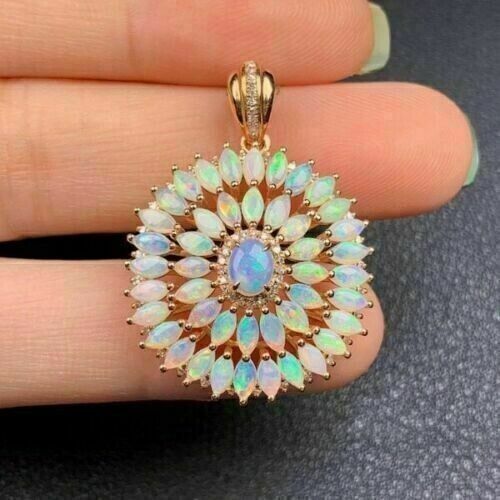 Primary image for 2.1Ct Simulated Oval Opal Flower Pendant14K Yellow Gold Plated Silver Free Chain