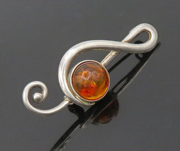 925 Sterling Silver - Vintage Cabochon Cut Amber Treble Clef Brooch Pin - BP7425 - £32.85 GBP