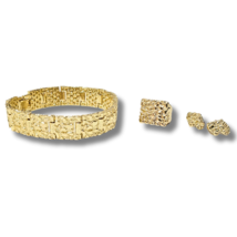 Men&#39;s 3pc Nugget Design Bracelet Ring Earring Set 14k Gold Plated HipHop Jewelry - £9.76 GBP