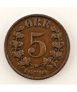 1899 Norvegia 5 Ore (Ottime Condizioni) Molto Sottile Condizioni - $75.40 CAD