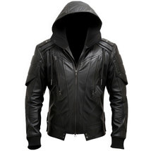 Men’s Black Genuine Sheepskin Removable Hooded  Motorcycle Biker Leather... - $129.00