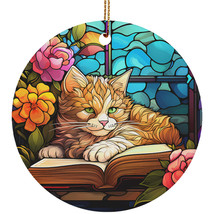 Cute Cat Book Art Stained Glass Colors Wreath Christmas Ornament Gift Pet Lover - £11.90 GBP