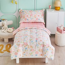 4 Piece Cotton Toddler Bedding Set For Girls, Pink Flowers Design, Soft N Breath - £59.32 GBP