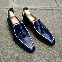 Handmade Men&#39;s Loafer Shoes, Navy Blue Leather Loafer Slip Tassels Casual Shoes - £103.18 GBP+