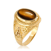 10K Yellow Gold Masonic Tiger Eye Statement Ring - £501.90 GBP