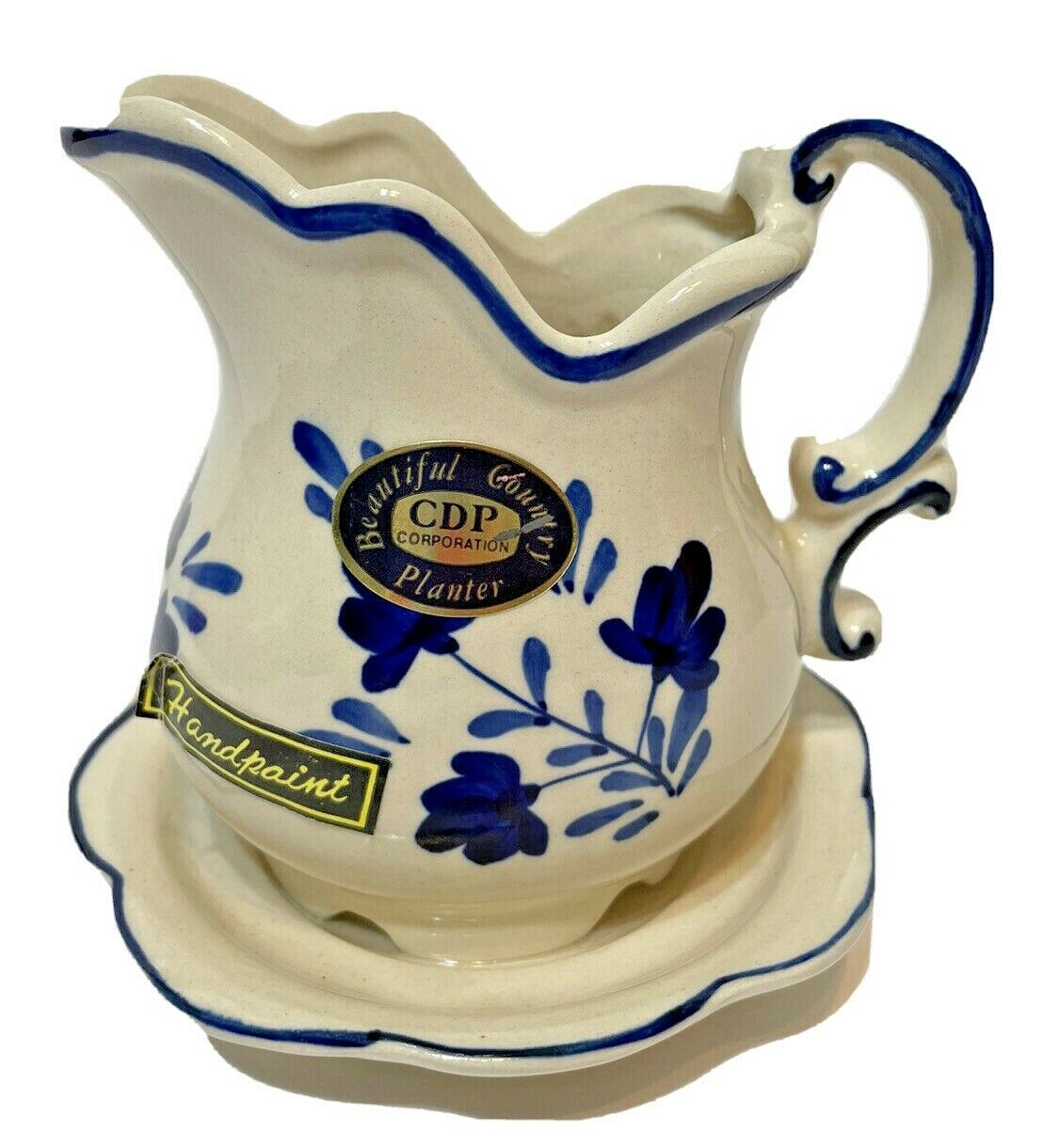 Vintage CDP Natural White Clay Cream and Blue Pitcher Planter Flowers Ceramic - £11.65 GBP
