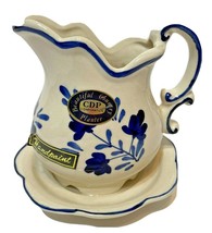 Vintage CDP Natural White Clay Cream and Blue Pitcher Planter Flowers Ceramic - $14.58