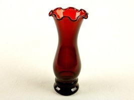 6&quot; Bud Vase, Royal Ruby Red Glass, Ruffled Rim, Vintage Anchor Hocking - £15.37 GBP