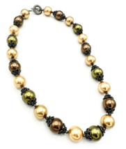 Vintage Brown Green Golden Glass Pearl Filigree Necklace 19&quot; - £17.40 GBP