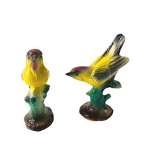 2 Vintage Birds on Tree Figures Art Pottery MCM Yellow Pink Heads Ceramic - £28.01 GBP