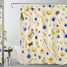 Blue and Yellow Floral Shower Curtain 60x72 Inch with 10 Hooks - $46.52
