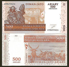 Madagascar P88a or b, 500 Ariary,  Basket weaver / peasant, oxen UNC  US... - $2.11 CAD