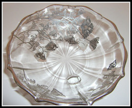New Martinsville Footed Candy Bowl with Flanders Sterling Silver Floral Overlay  - £22.50 GBP