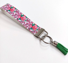 Wristlet Key Fob Keychain Faux Leather Pink Floral Roses with Tassel New - £5.86 GBP