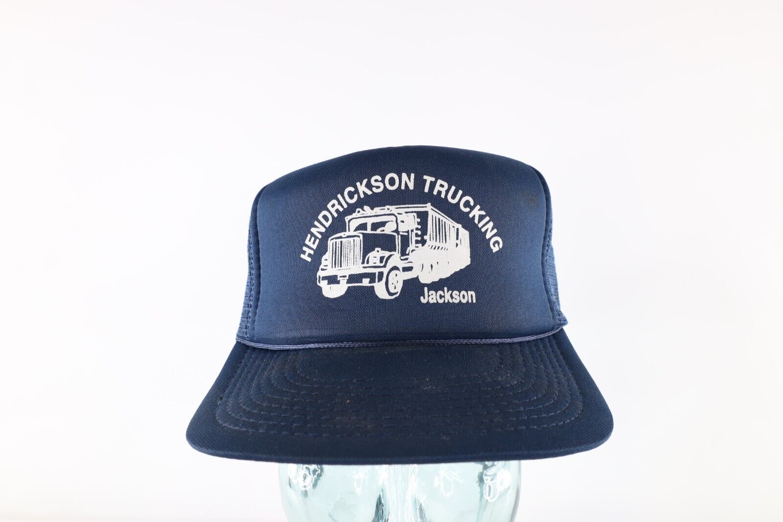 Primary image for Vintage 80s Distressed Hendrickson Trucking Spell Out Trucker Hat Snapback Blue