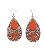 Boho Teardrop Dangle Earrings Orange Enamel Silver Filigree Statement Je... - $20.39 CAD