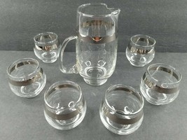 Libbey Glass Pitcher Roly Poly Silver Band Set Mid Century Barware Vintage Glass - £59.84 GBP