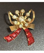 Vintage Christmas Brooch/Pendant, Red &amp; Clear Rhinestones, Prongs, Rivets. - $12.99
