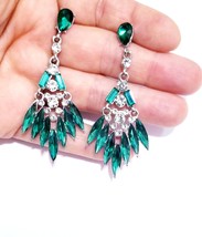 Bridesmaid Drop Earrings, Rhinestone Crystal Earrings, 2.6 inch Green Chandelier - £29.40 GBP