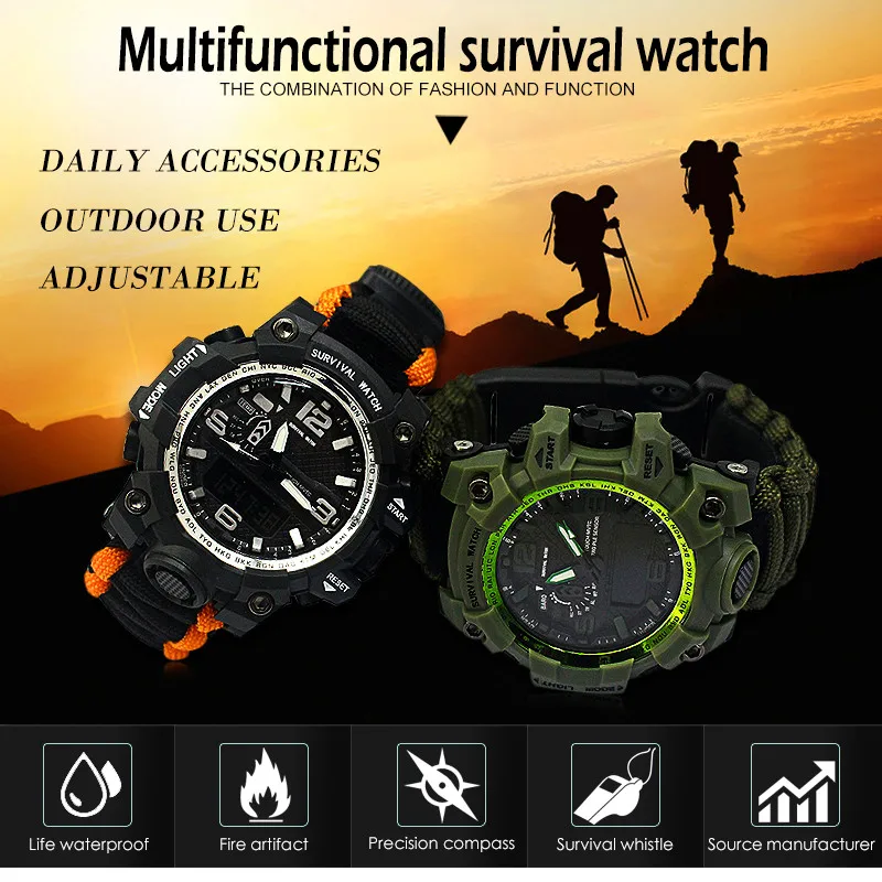 New Outdoor Multi-function Survival Watch EDC Camping Hiking Rescue Para... - $29.41