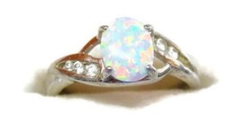 sz 6 Opal Women Ring Sterling Silver 925 Simulated Cubic Zirconia Accents Vtg - £58.24 GBP