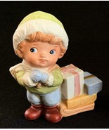 Vintage Porcelain Boy Figurine Pulling Sled w Gifts FREE SHIPPING - £9.44 GBP