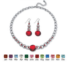 Round Simulated Birthstone July Ruby Necklace Drop Earrings Silvertone - £79.74 GBP