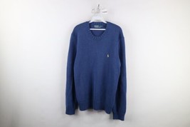 Vintage 90s Ralph Lauren Mens Large Cotton Ribbed Knit Crewneck Sweater Blue - £54.13 GBP