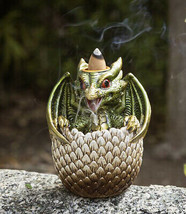 Green Wyrmling Baby Dragon On Golden Egg Backflow Incense Cone Burner Figurine - £19.98 GBP