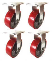 8&quot; X 2&quot; Red Polyurethane On Cast Iron Casters - 4 Rigids - £149.03 GBP