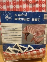 Vintage Egret Picnic Table 9 Piece Cover Red Gingham Check Tablecloth Vi... - $67.87 CAD
