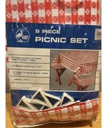 Vintage Egret Picnic Table 9 Piece Cover Red Gingham Check Tablecloth Vi... - $49.49