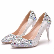 Crystal Queen High Thin Heels Shoes Women Pumps Crystal Wedding Shoes Rhinestone - £46.28 GBP