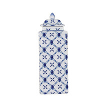 Beautiful Blue and White Square Porcelain Temple Jar Geometric Design 11&quot; - £101.67 GBP