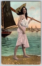 Postcard Bathing Beauty Women With Oar Showing A Little Leg Sailboats - £10.18 GBP