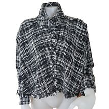 Zara Tweed Fringed Top Womens M Black White Plaid Funnel Mock Neck Crop ... - $18.22