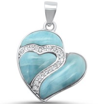 Sterling Silver Natural Larimar &amp; CZ Heart within a Heart Pendant - £41.55 GBP