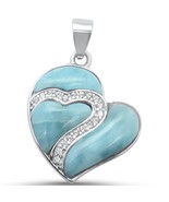 Sterling Silver Natural Larimar &amp; CZ Heart within a Heart Pendant - $80.33 CAD