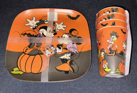 Disney Mickey Minnie Mouse Halloween Bamboo 4 Dinner Plates &amp; Cups Tumblers New - £39.95 GBP