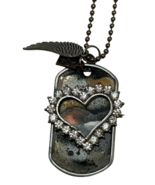 Kate Mesta Crystal Heart &amp; Angel Wing Dog Tag  Necklace  Art to Wear New - £15.62 GBP
