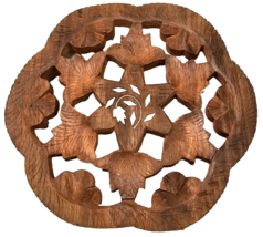 Hand Carved Wood Floral Inlay Leaves Trivet Plant Stand Made In India Vintage 8&quot; - £15.71 GBP