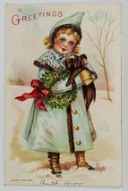 Winter Christmas Greetings Darling Girl Wreath and Puppy Postcard S5 - £3.13 GBP