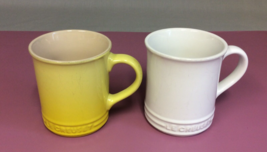 Le Creuset Stoneware Tea Hot Cocoa Coffee Mug White Yellow 10 Oz Lot 2 Pair - £11.17 GBP