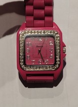 Womens Geneva Watch Square Face Rhinestone Pink Silicone Strap Used Untested - £7.58 GBP